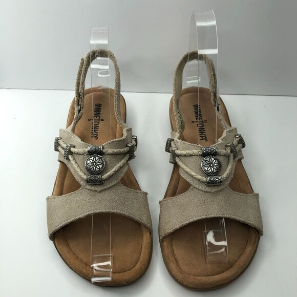 Minnetonka Women Sliver Beaded Tan Leather Sling Back Sandals Size 5W - Picture 1 of 12